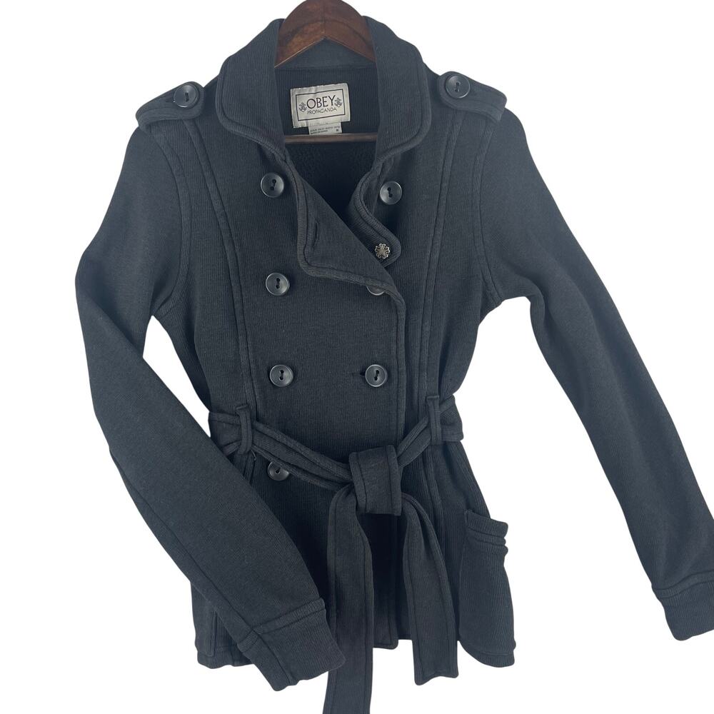 OBEY Propaganda Womens Belted Double-Breasted Knit Military Peacoat M Black